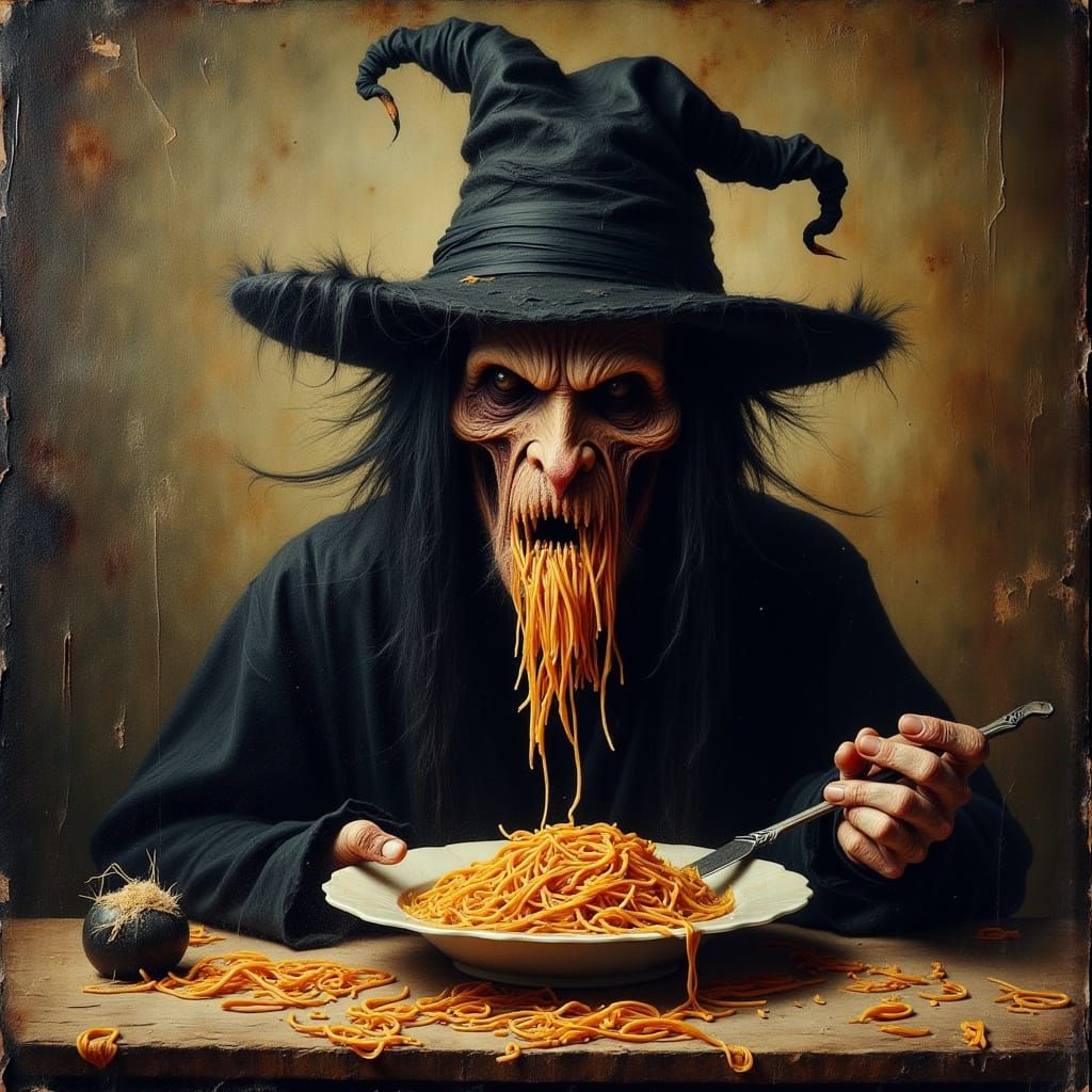 Vintage Witch Caricature Eating Pasta in Dark Academia Style