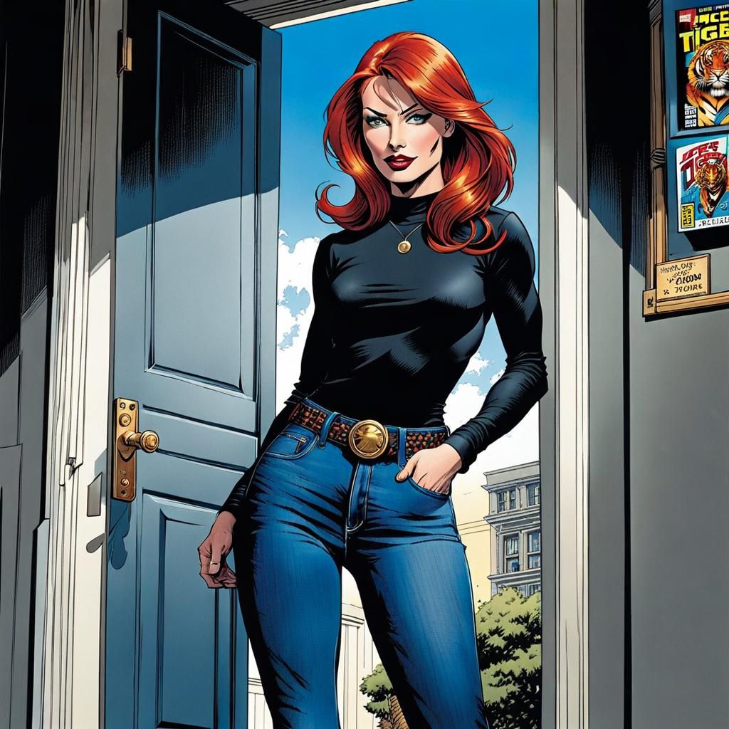 Redhead in Doorway with Comic Book Art Aesthetic