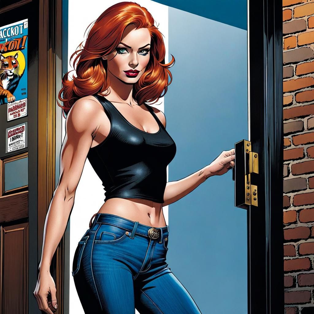 Redhead in Doorway with Comic Book Art Style