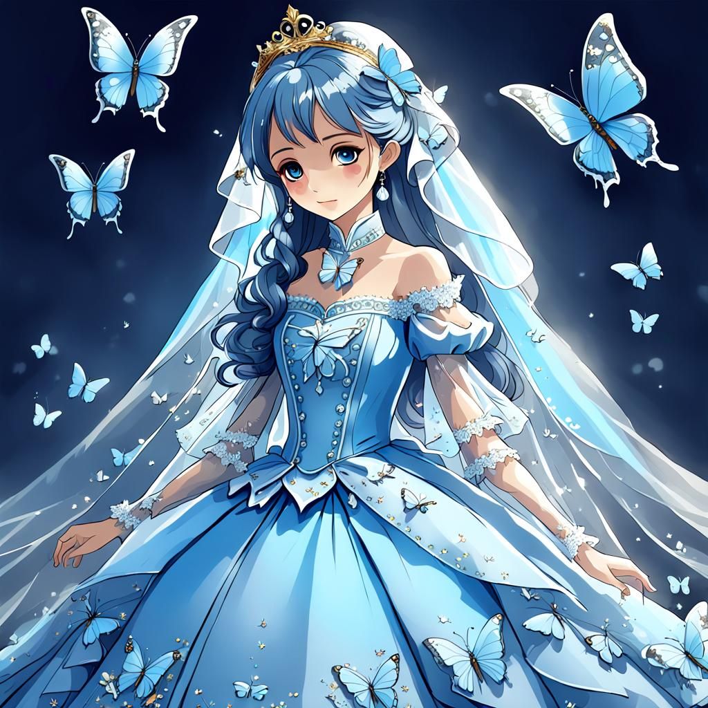 Blue Butterfly Wedding Gown in Anime Style