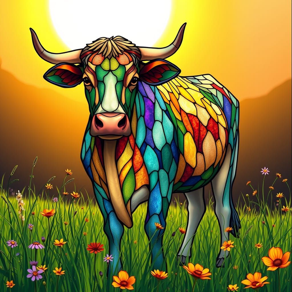 Ethereal Cow in Art Nouveau Glasswork Style