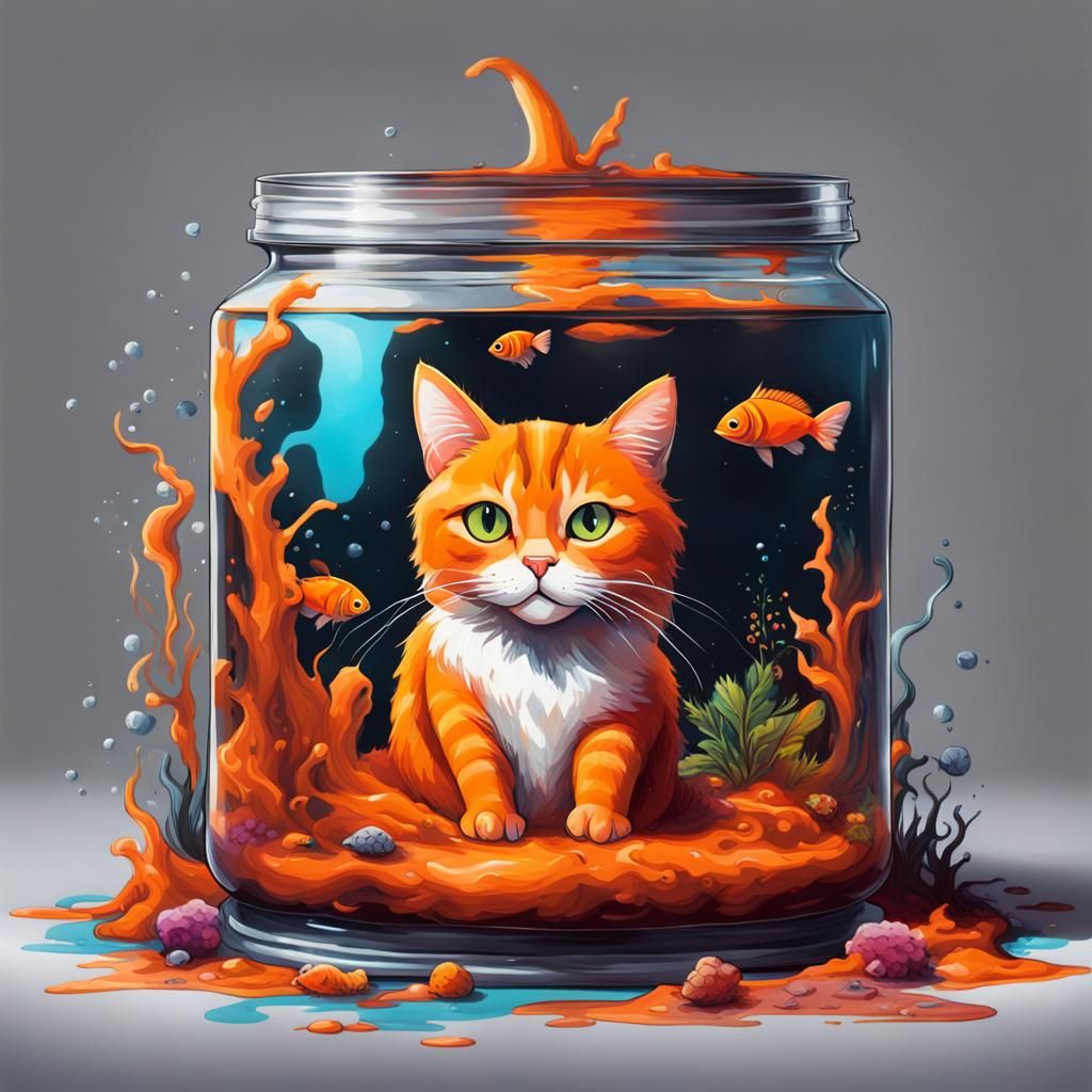 Orange Cat in Fish Tank: Graffiti Splash Art
