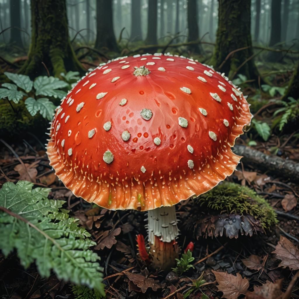 Red Fly Agaric Mushroom in Misty Forest Oil Painting