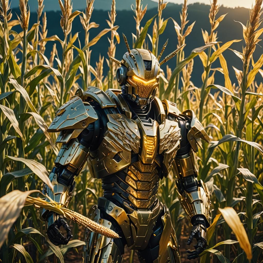 Corn Warrior vs Swiss Army Knife Mech in Sci-Fi Battle