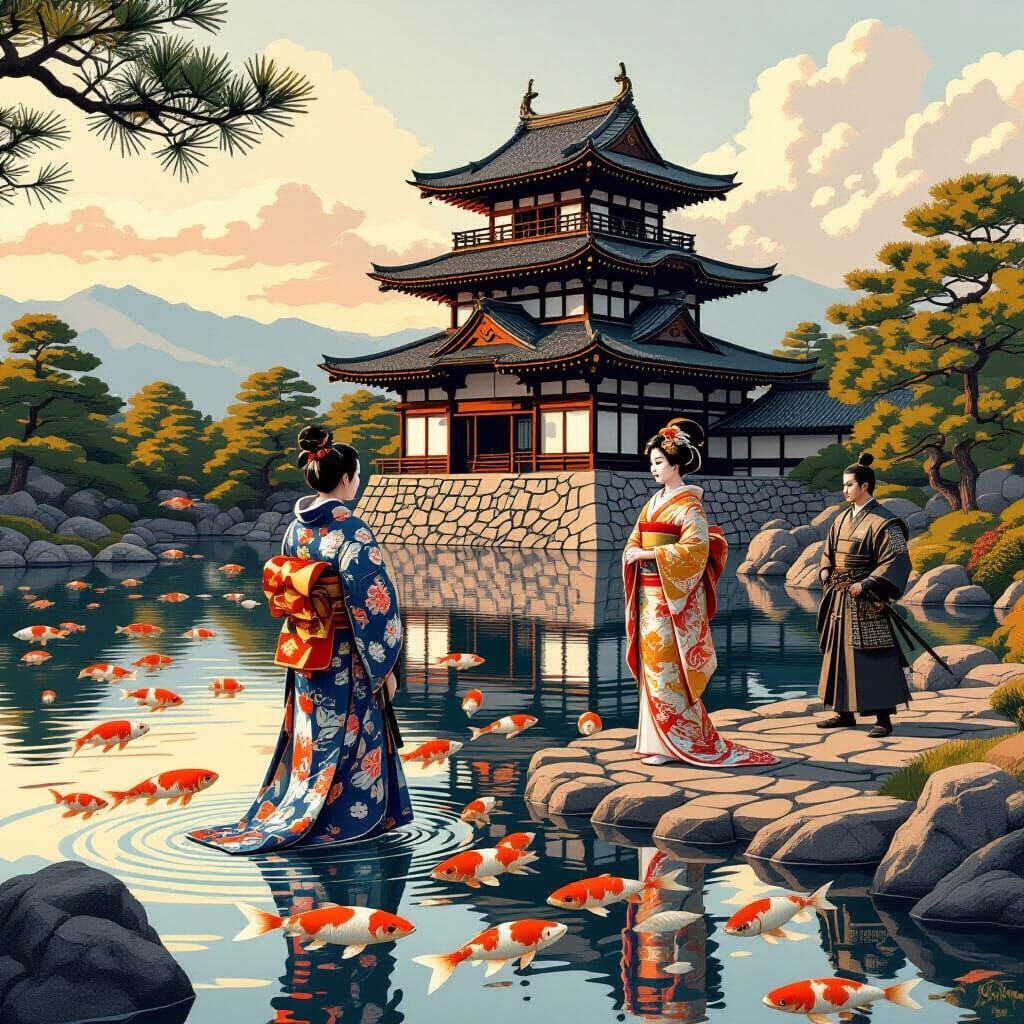 Shogun and Geisha at Edo Castle Digital Painting