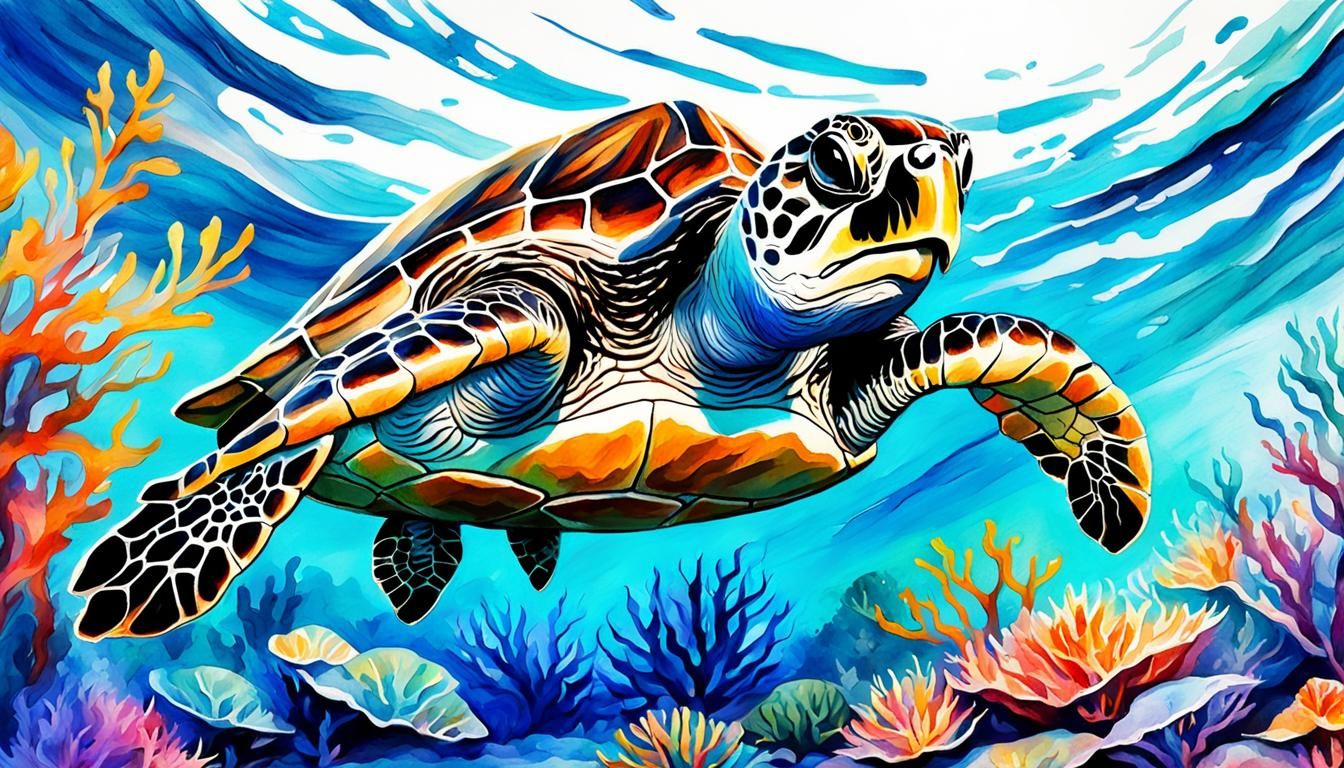 Baby Sea Turtle in Watercolor Style with Blue Waves