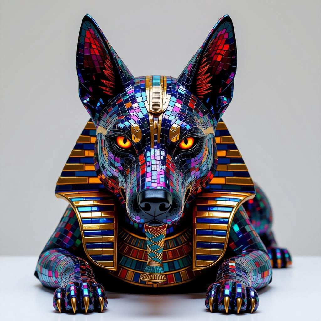 Cerberus Anubis Hybrid Sculpture: Fiery Mosaic Stone Art
