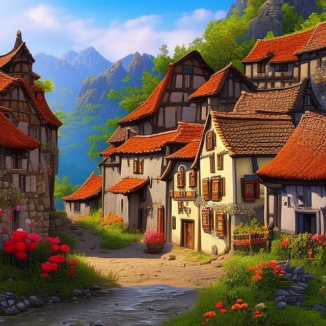Colorful Fantasy Village in Mountains, Detailed Art