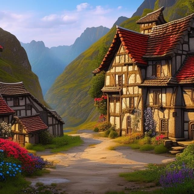Whimsical Mountain Village Scene in a Fantasy Setting