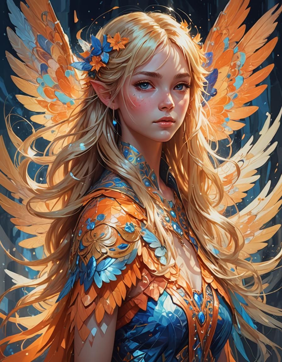 Blonde Fairy Portrait with Blue Wings in Rutkowski Style