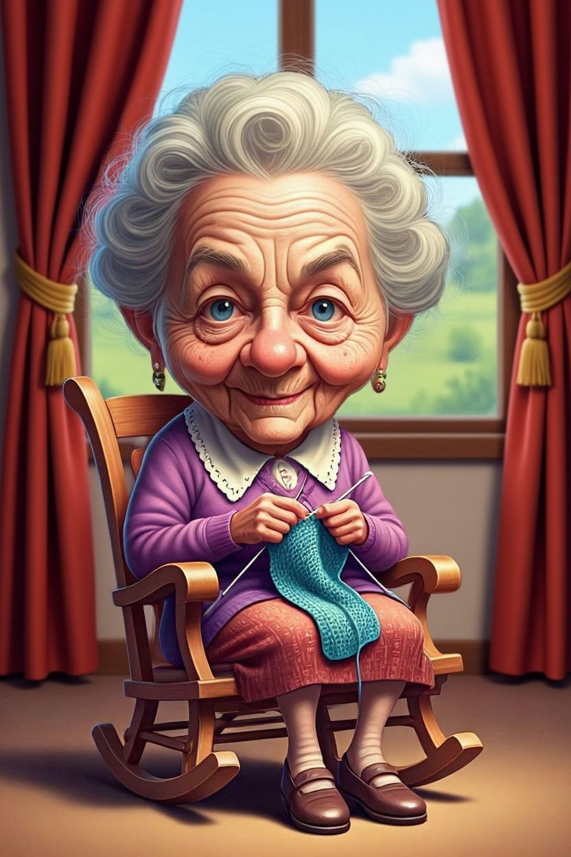 Sweet Old Lady Knitting in Rocking Chair