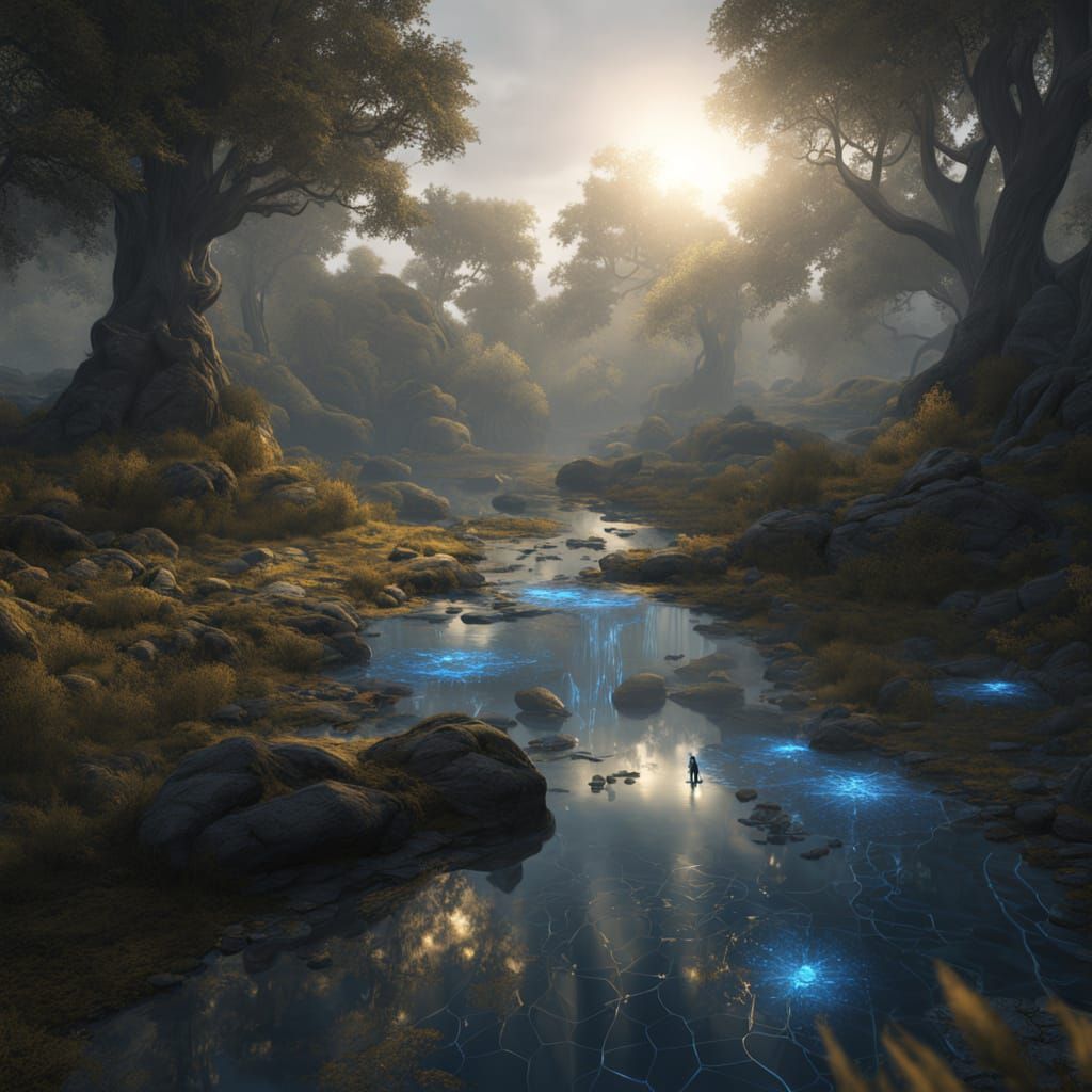 Man by Brook in Ethereal Forest with Holograms