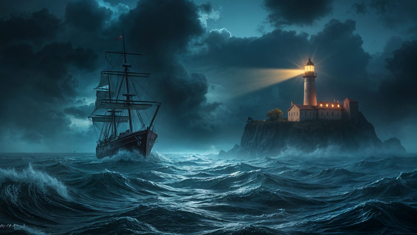 Stormy Night Lighthouse Guides Ship