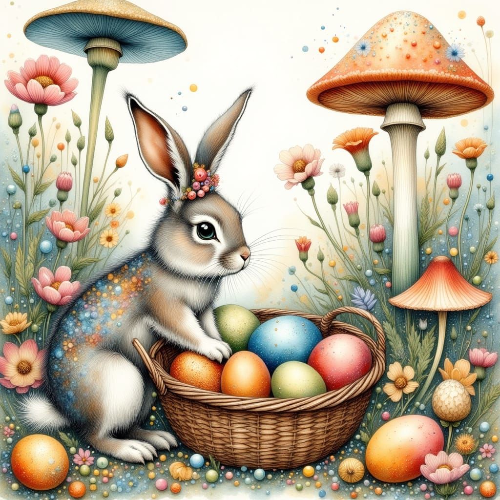 Whimsical Easter Bunny in a Fantastical Garden