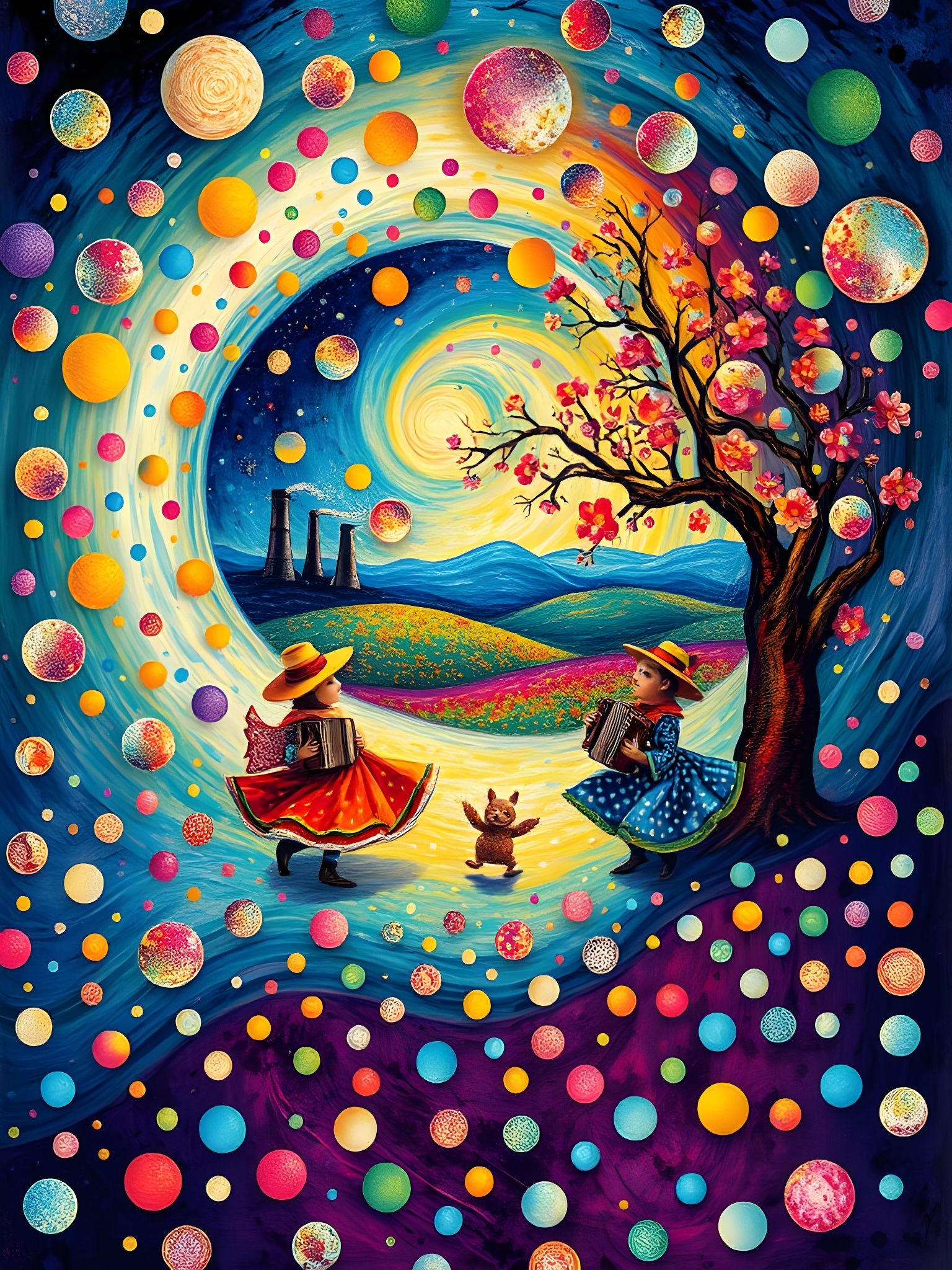 Polka Dot Dreamscape: Surreal Folk Art Universe