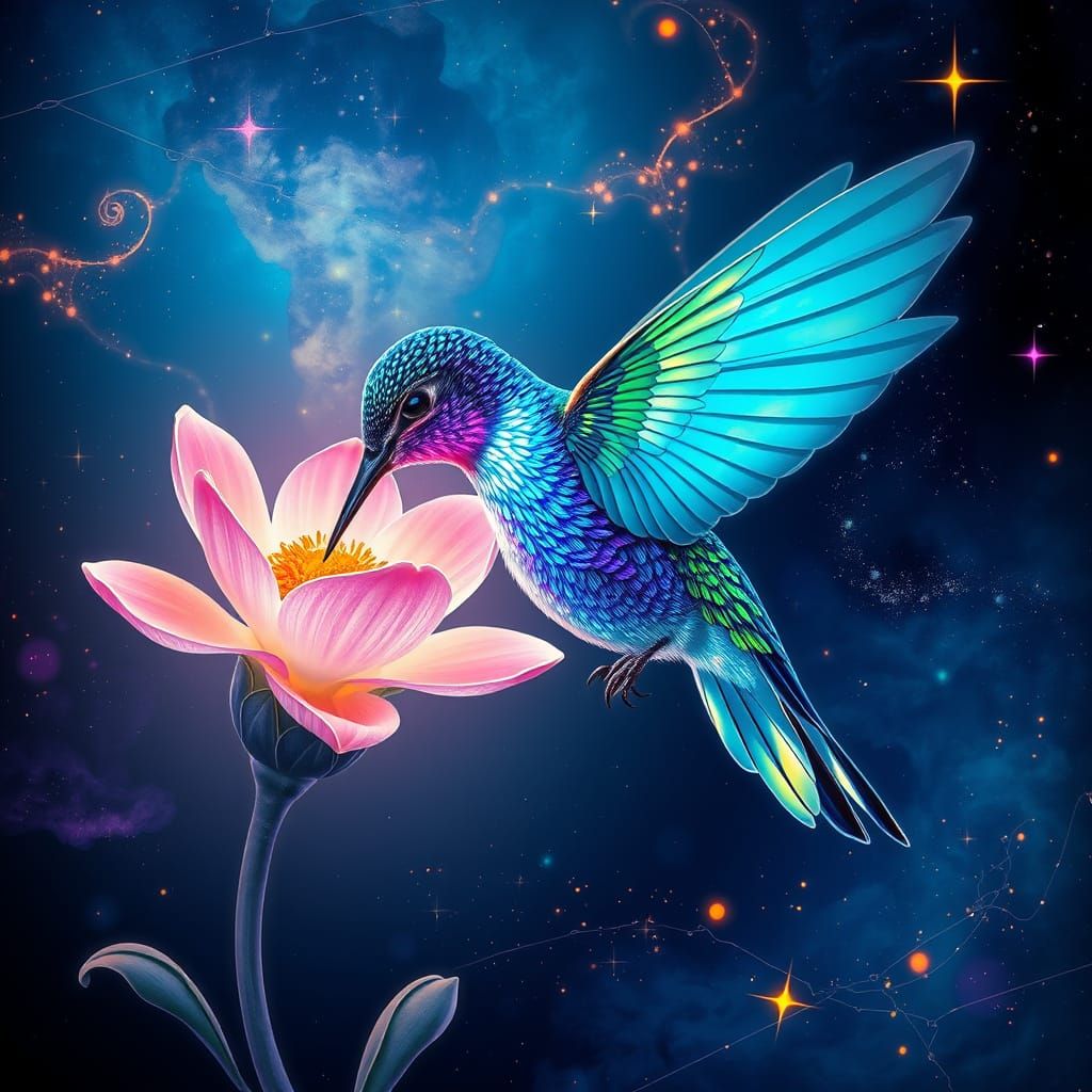 Glowing Cosmic Hummingbird in Vibrant Digital Art