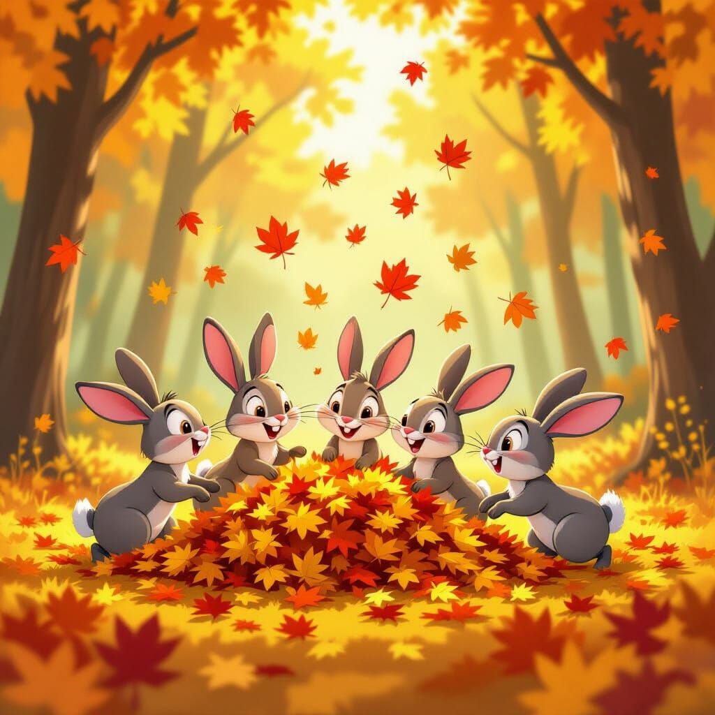 Playful Rabbits Scattering Autumn Leaves in Sunlit Forest