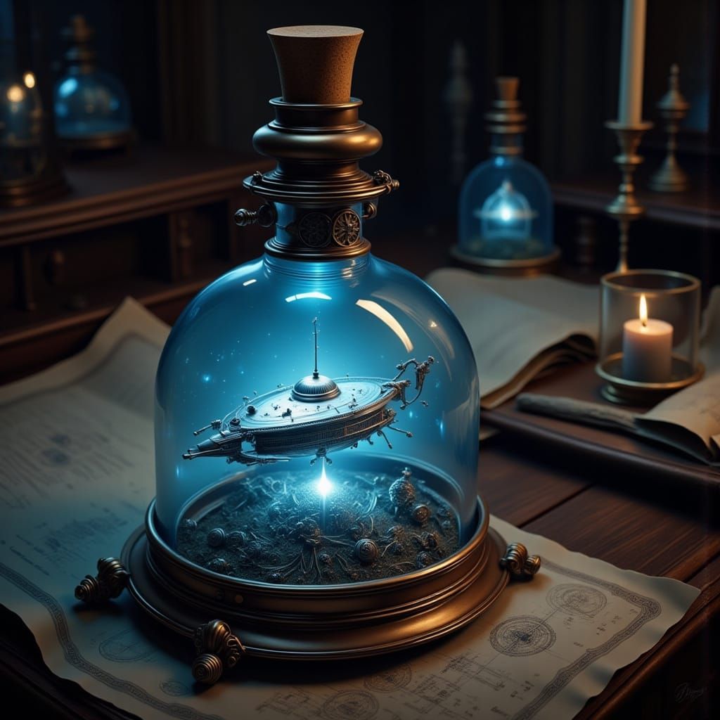 Retro Spaceship in Antique Bottle, Cinematic Lighting