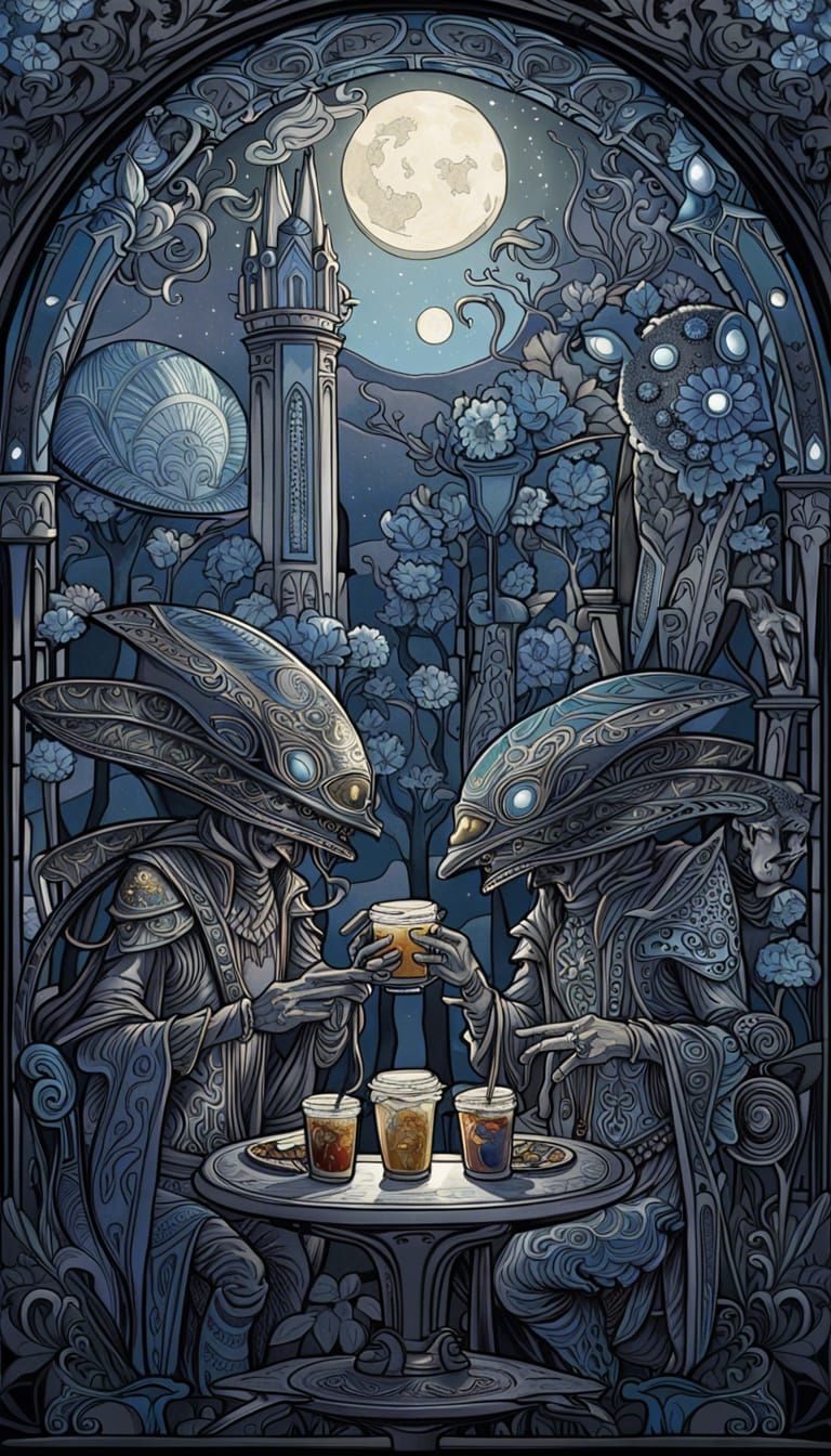 Grey Aliens Enjoying Coffee: Art Nouveau Cosmic Scene