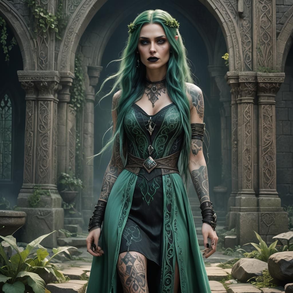 Gothic Sorceress with Green Hair: Hyperrealistic Art