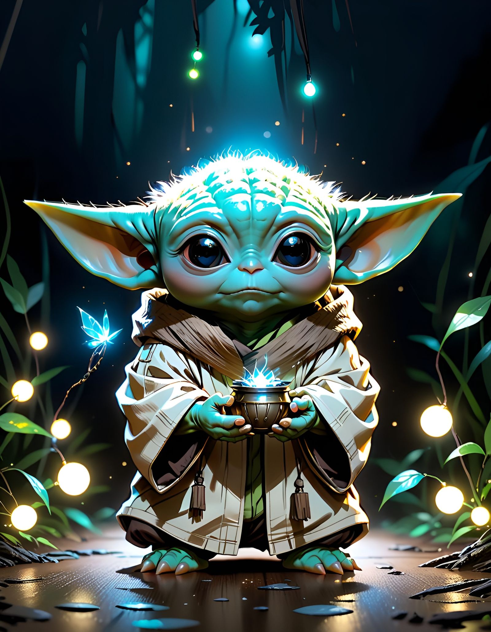Adorable Bioluminescent Chibi Grogu in Hyperrealism Style