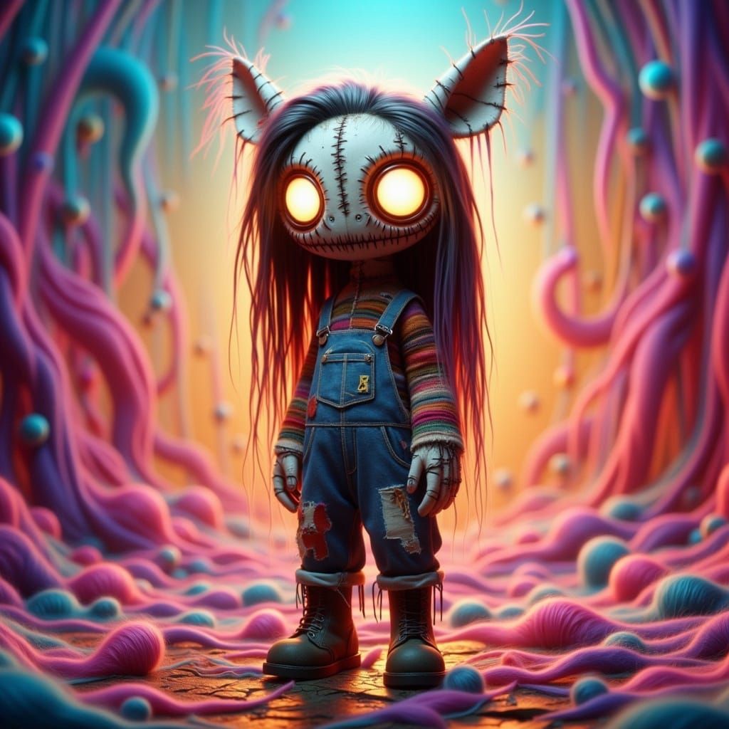 Whimsical Stitched Man in Surreal Landscape