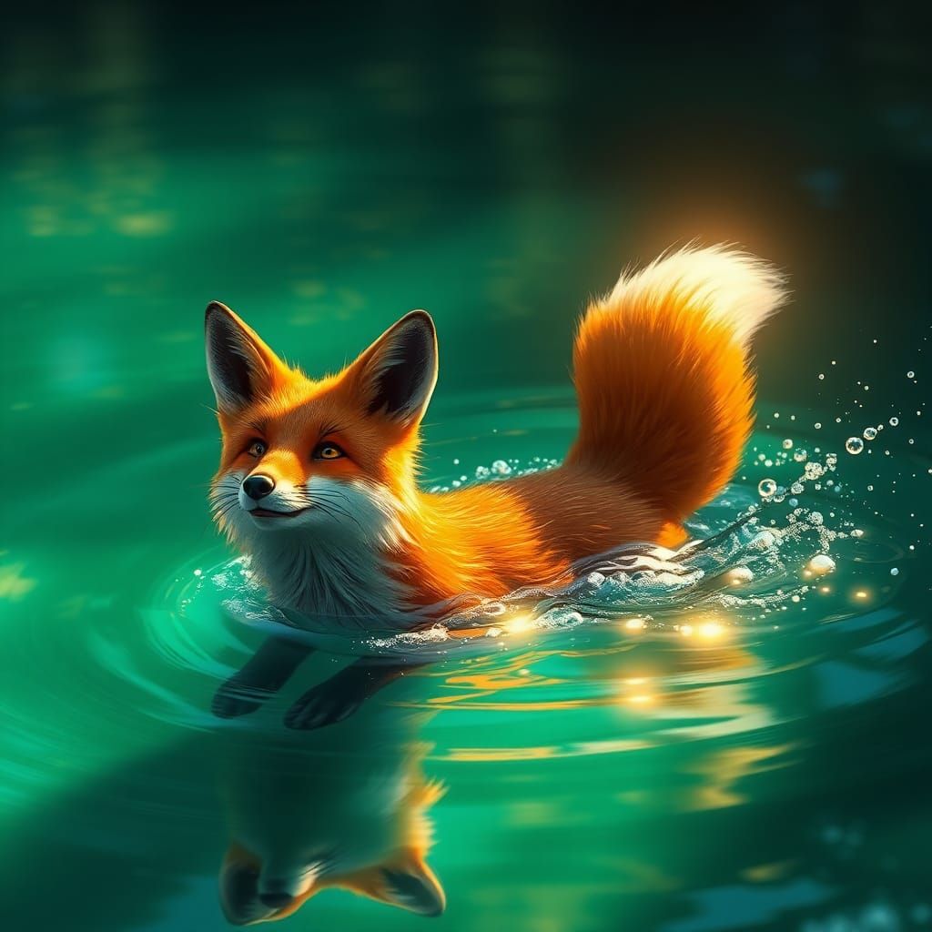 Fox Swimming in Aqua Lake: Fantasy Concept Art
