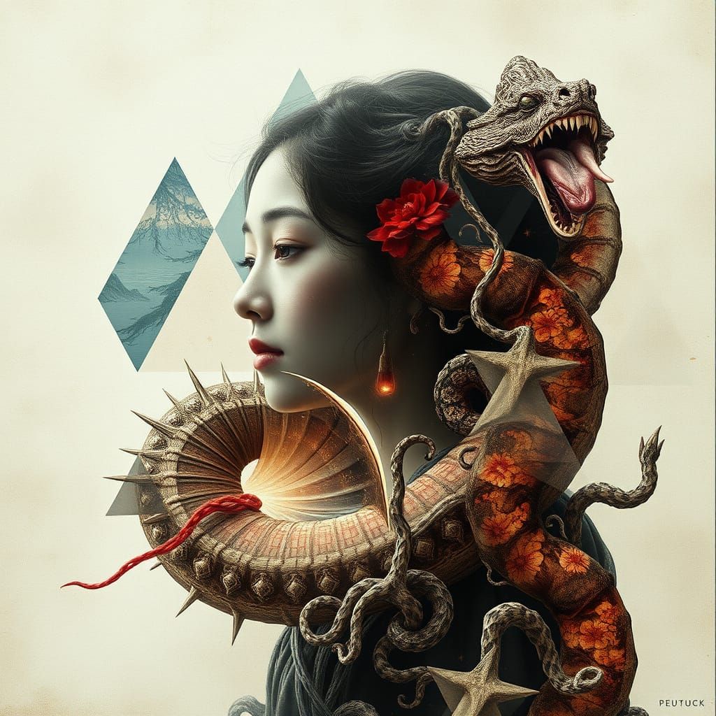 Surreal Double Exposure Artwork in Hyper-Realistic Style