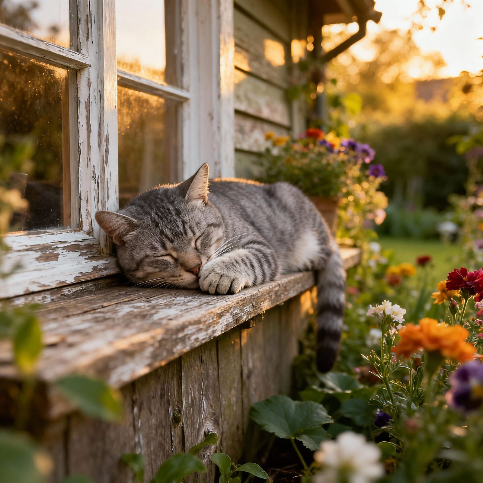 Grey Tabby Cat Sleeps on Cottage Windowsill in Garden