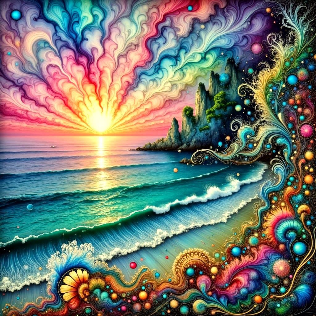 Alcohol Ink Sunset Over Sea with Gold Details