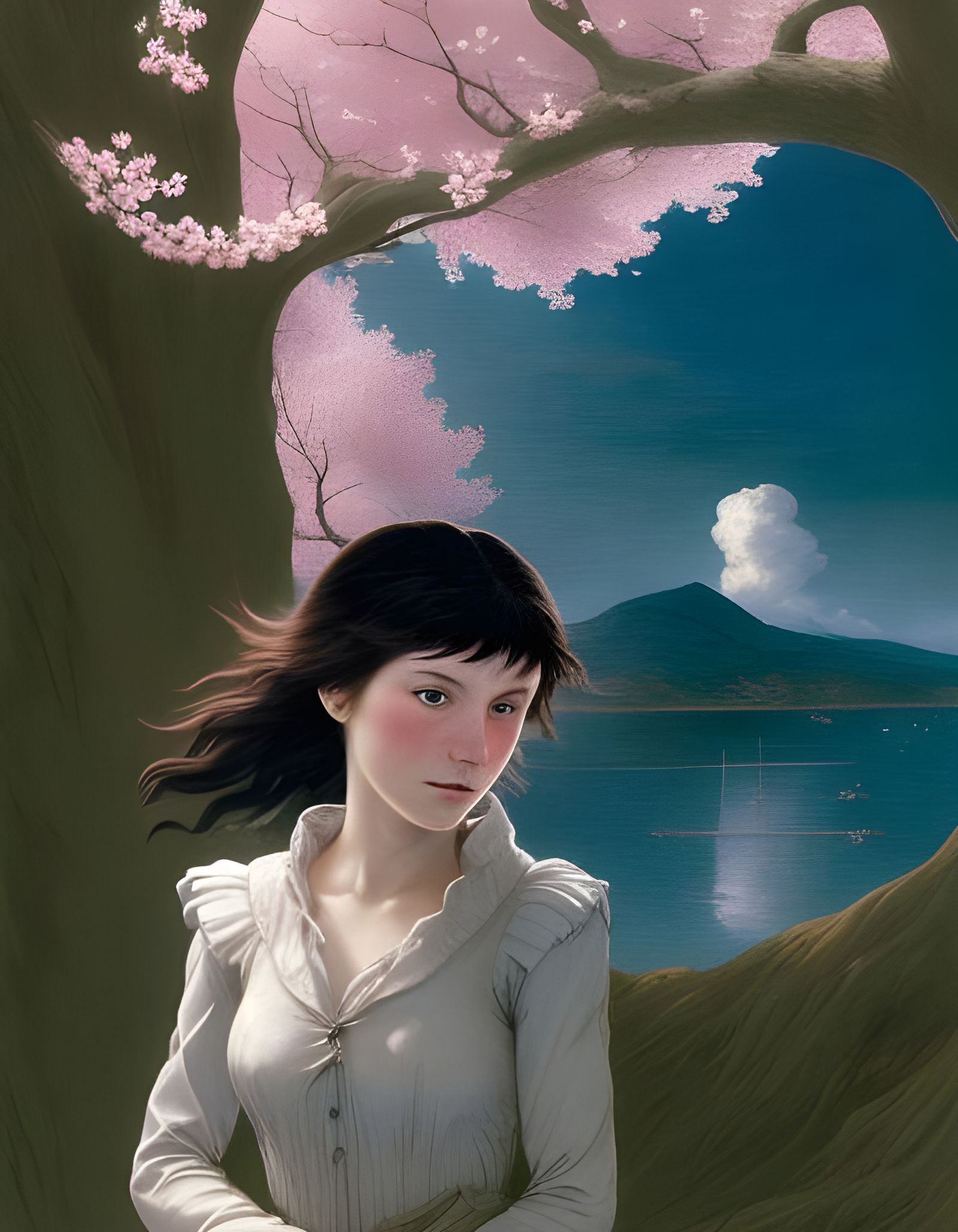 Windblown Woman with Cherry Blossoms in Romantic Style