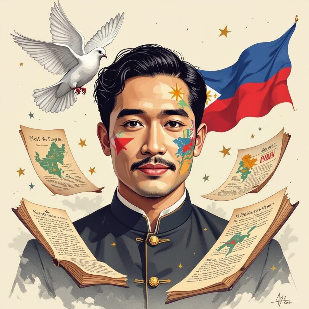 Pencil Sketch Portrait of Jose Rizal with Philippine Symbols