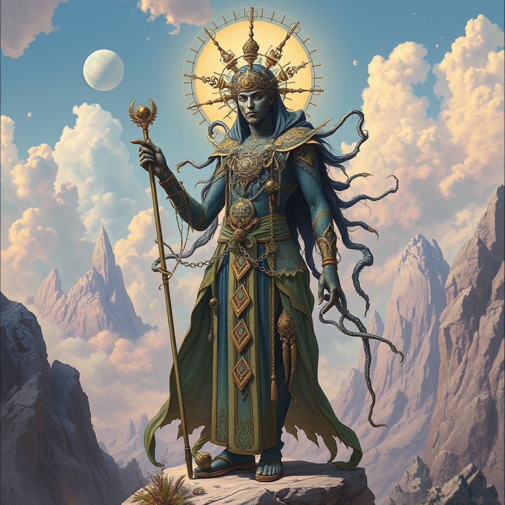 Mystical Figure in Dreamlike Biomechanical Landscape