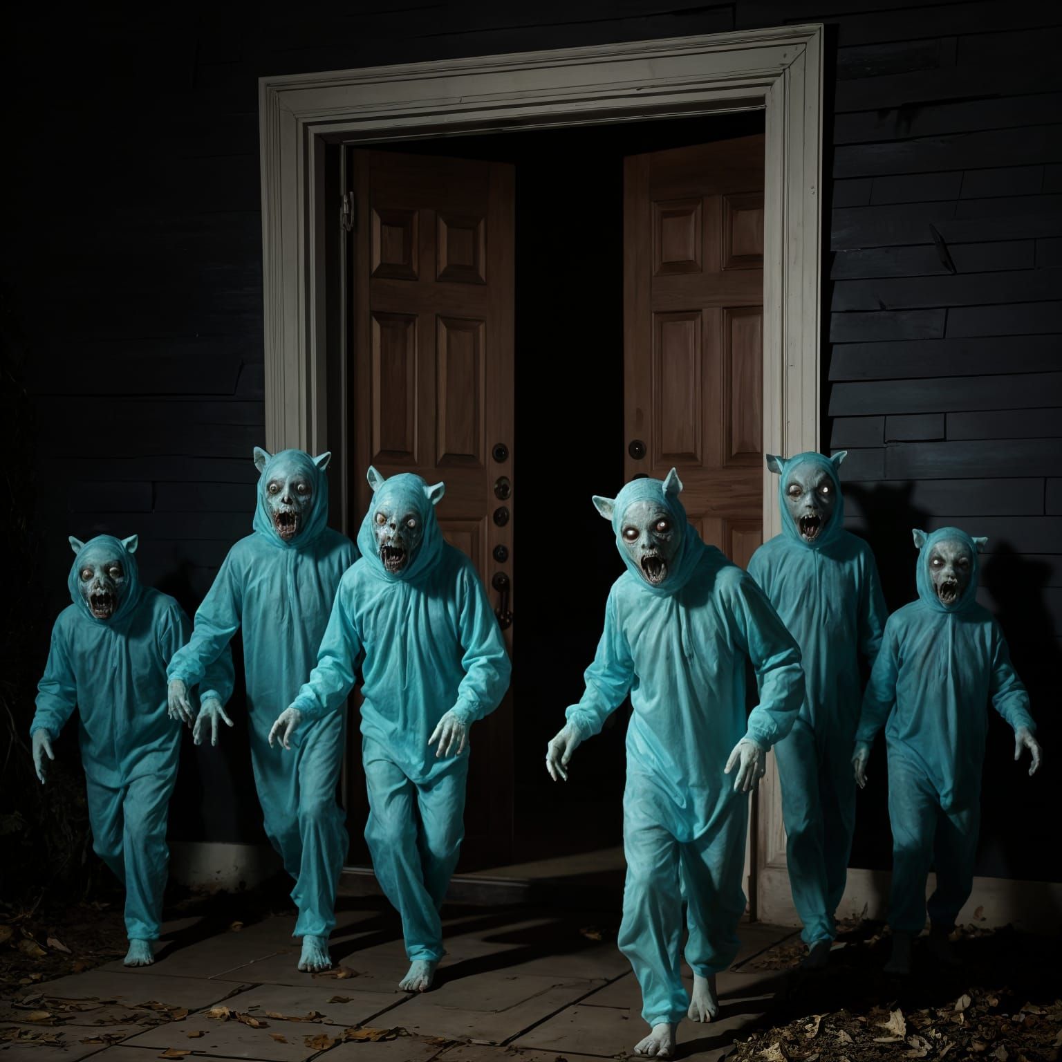 Bioluminescent Zombies With Pig Heads Approach Haunted House