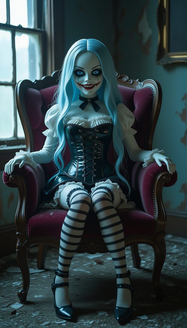 Gothic Doll on Dusty Chair in Abandoned Mansion