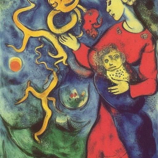 Surreal Scene with Figures and Symbolic Elements