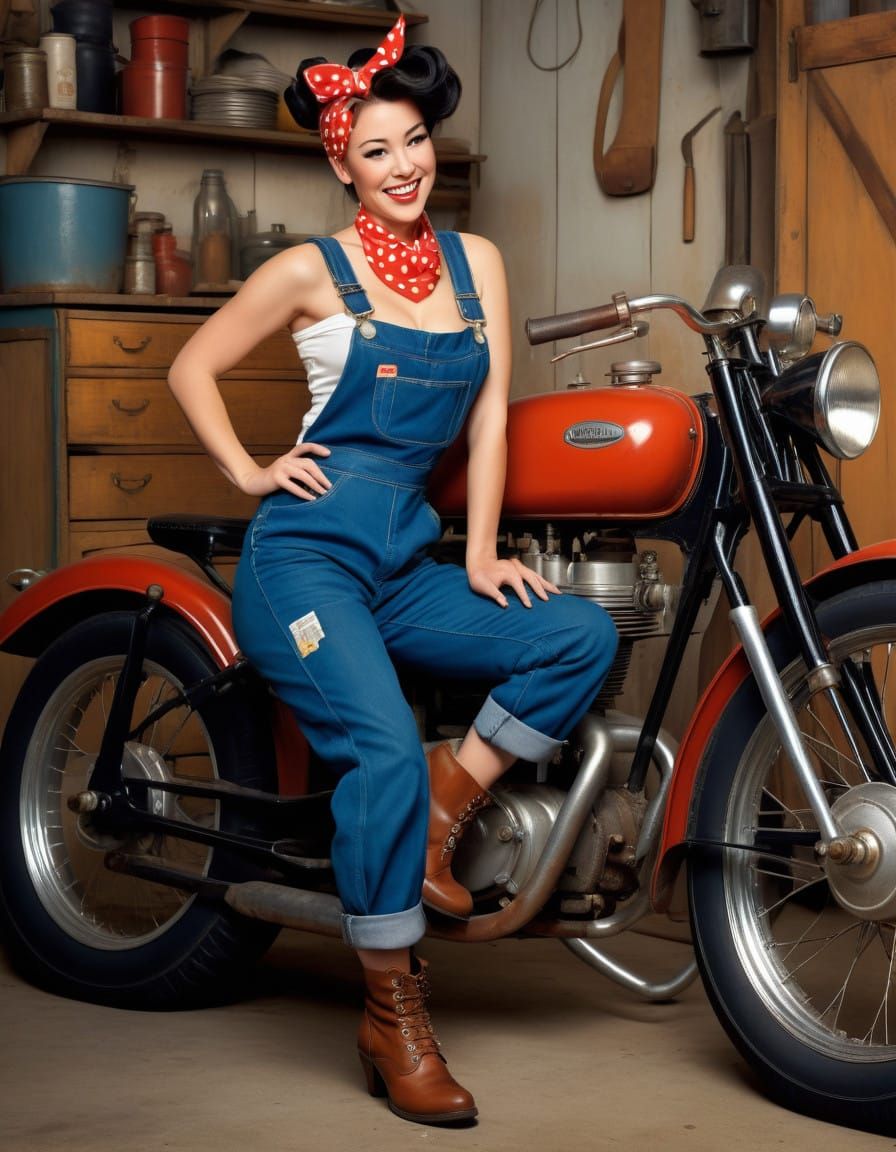 Vintage Pinup Girl Leans Against Classic Motorbike in Elegan...