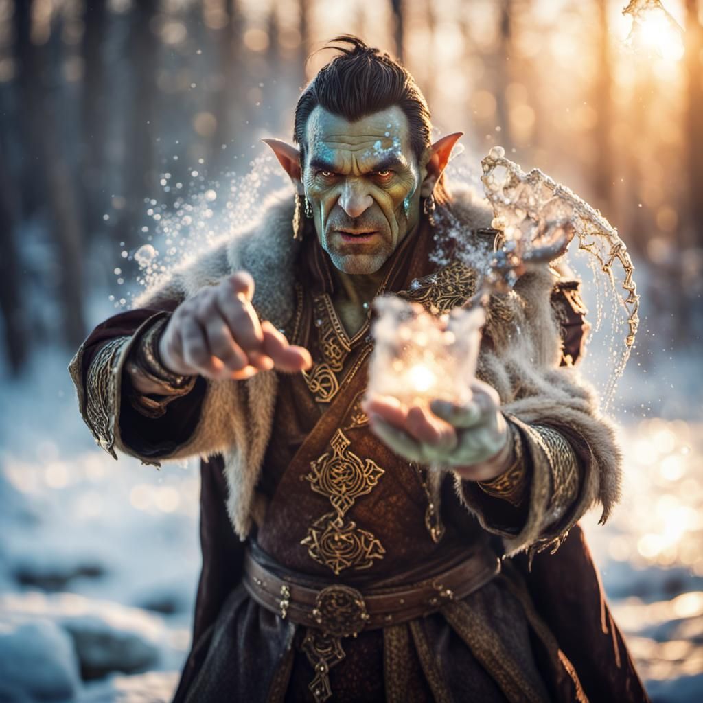 Half-Orc Sorcerer Wields Ice Magic at Golden Hour
