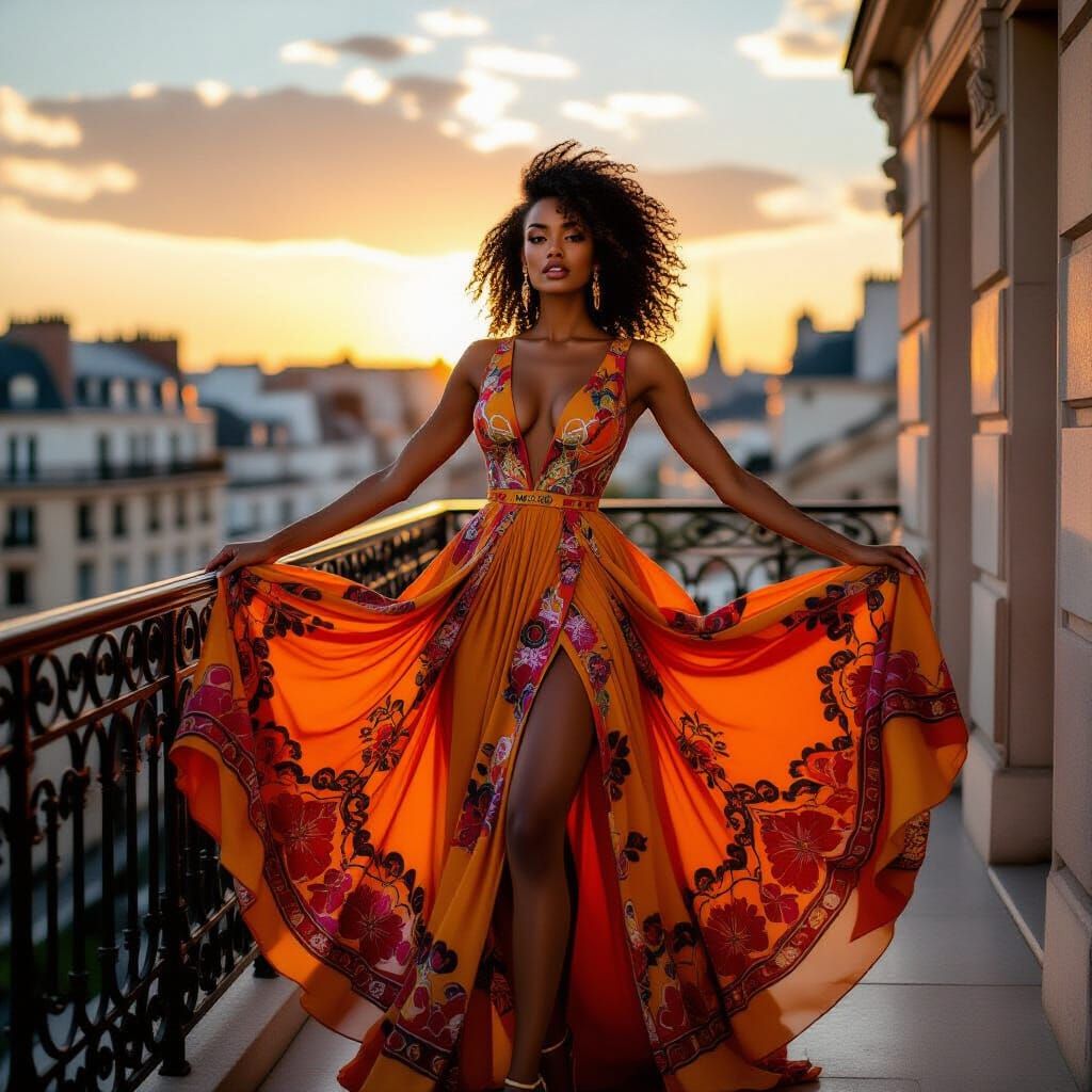 Confident Black Woman on Parisian Balcony at Golden Hour