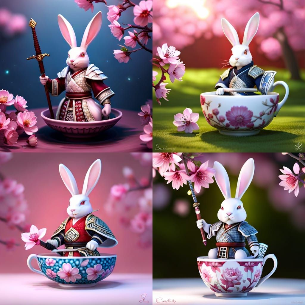 Samurai Rabbit in Teacup: Hyperrealistic Fantasy Art