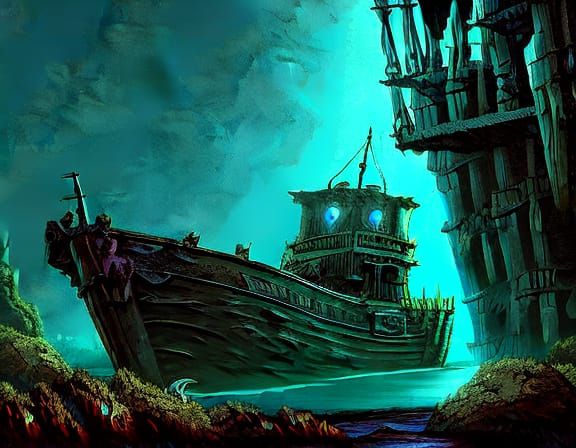 Gothic Underwater Shipwreck in Moody 3D Rendering