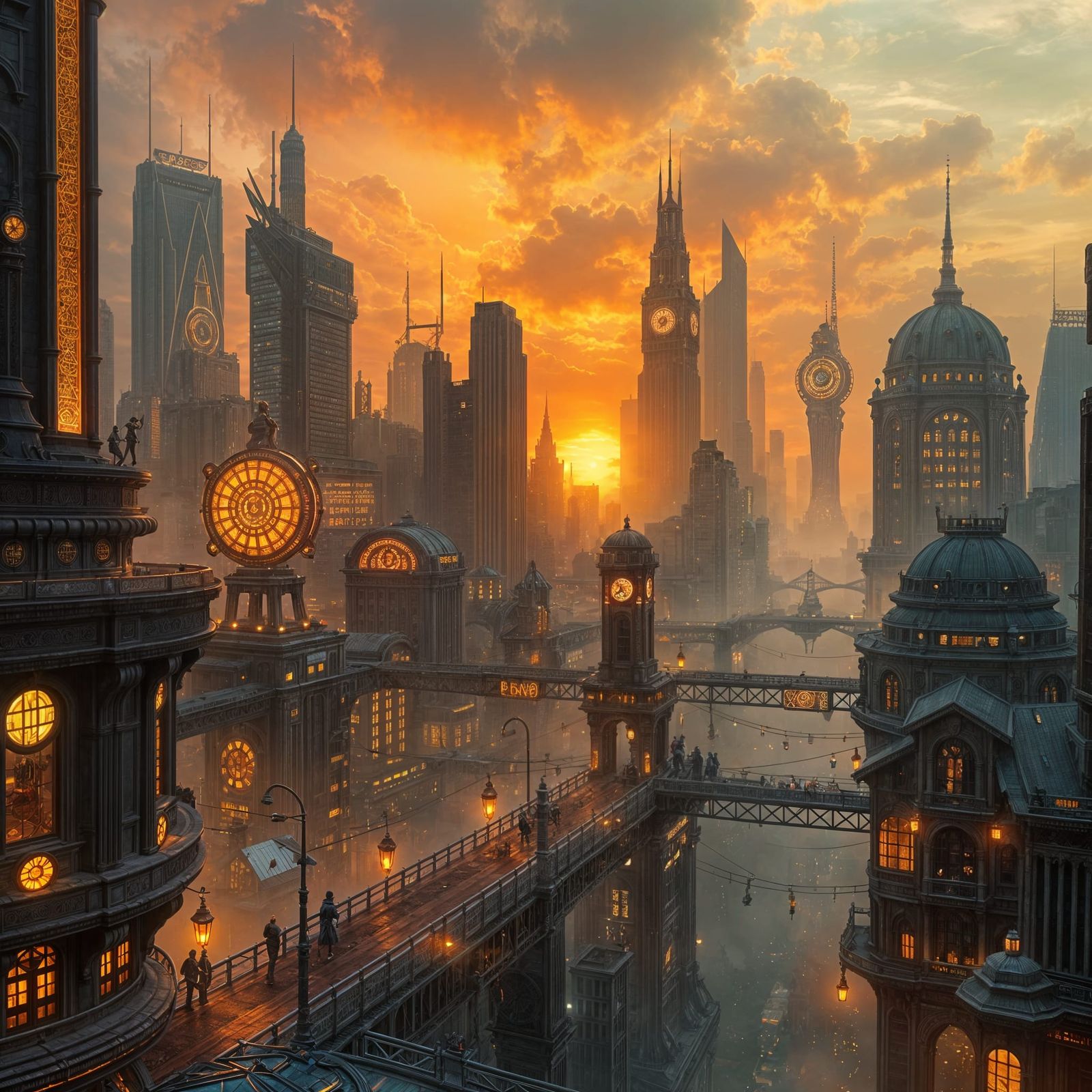 Detailed Cyberpunk City at Sunset in Art Deco Style