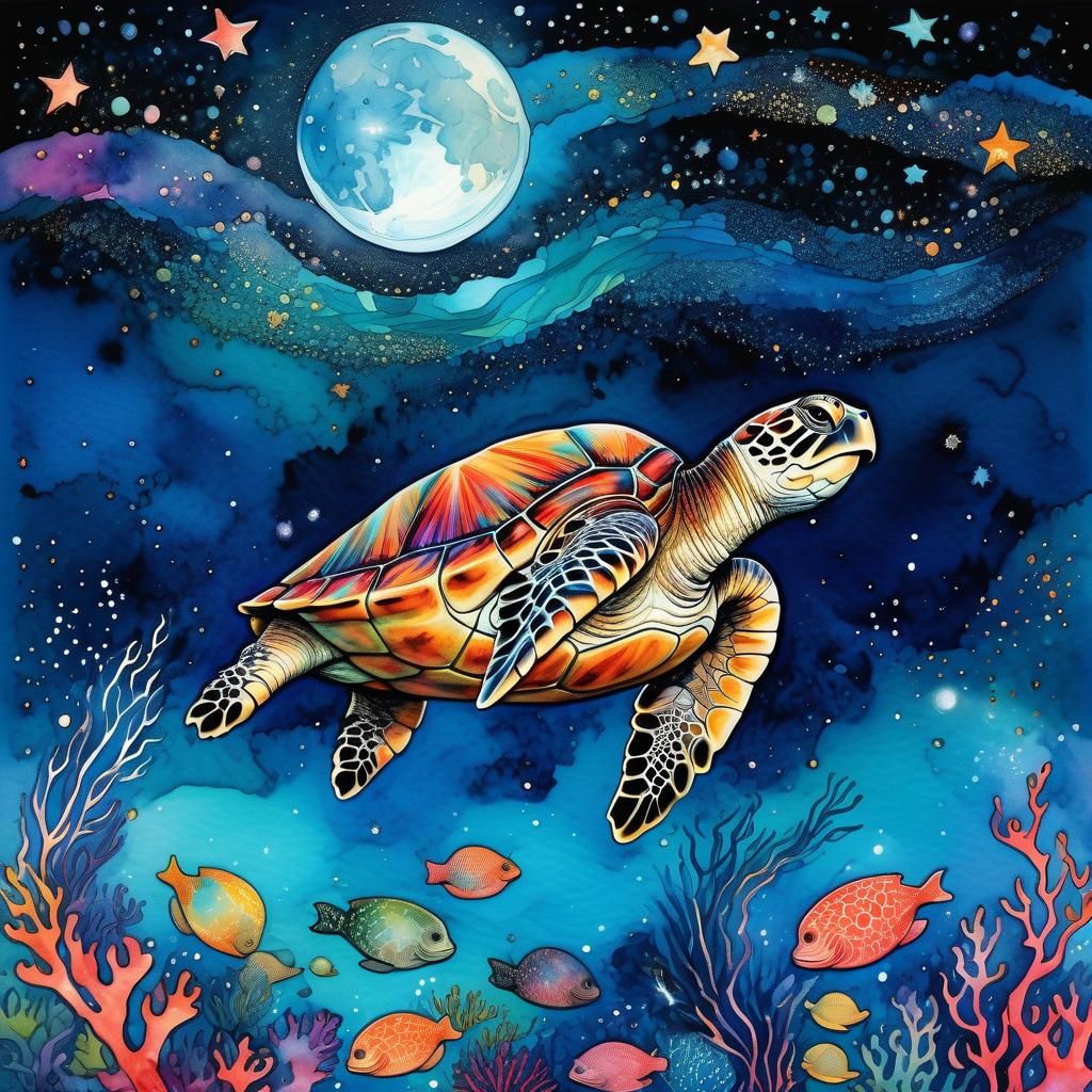 Watercolor Sea Turtle in a Cosmic Ocean