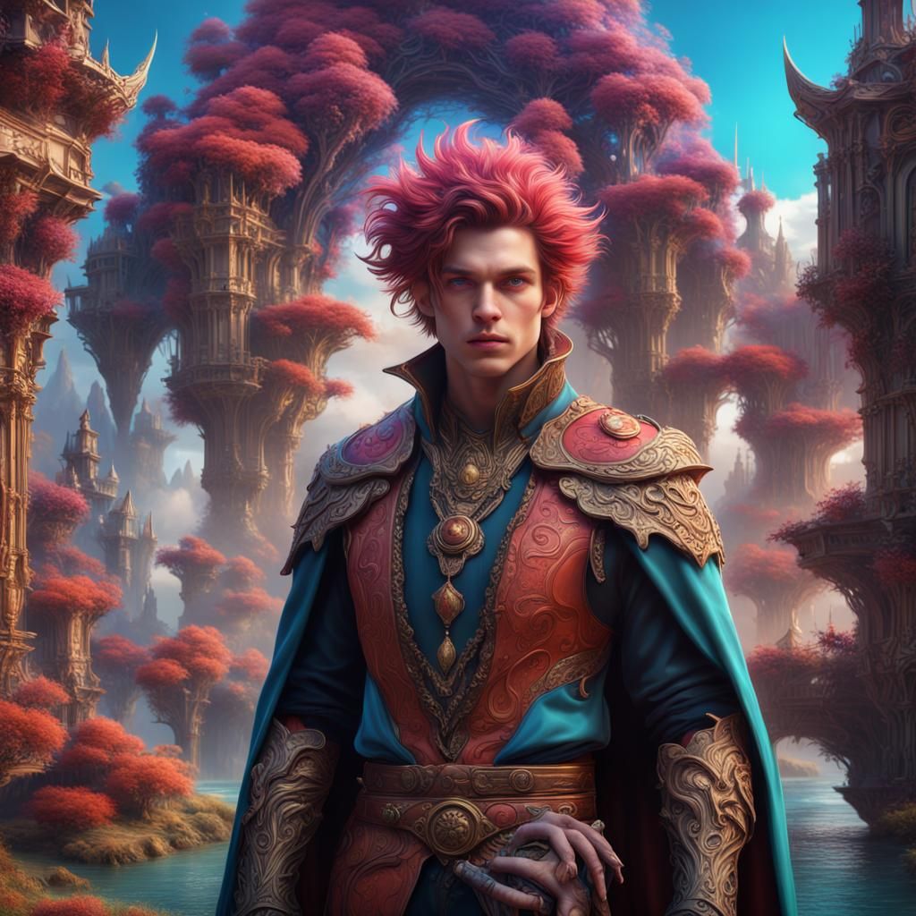 Extravagant Young Man in Vibrant Fantasy Universe