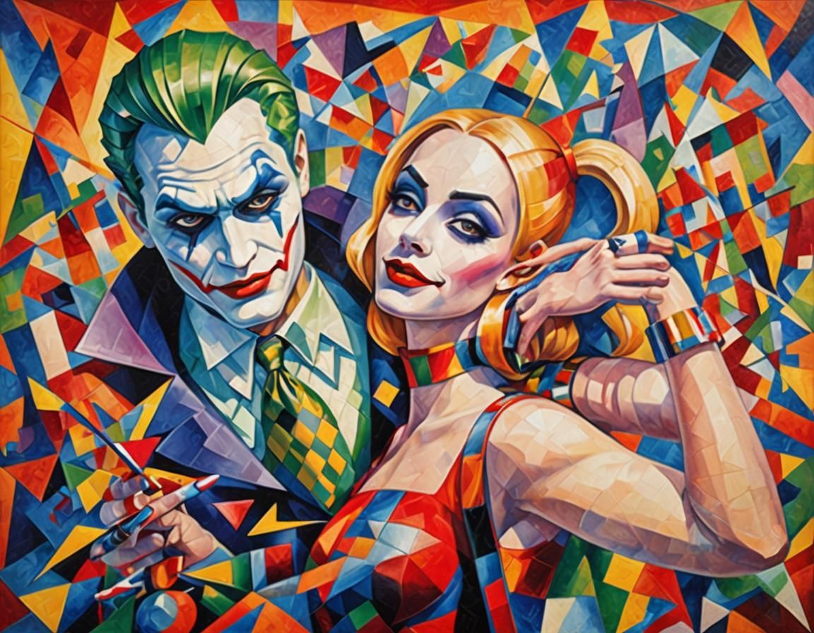 Joker and Harley Quinn in Abstract Cubism Style