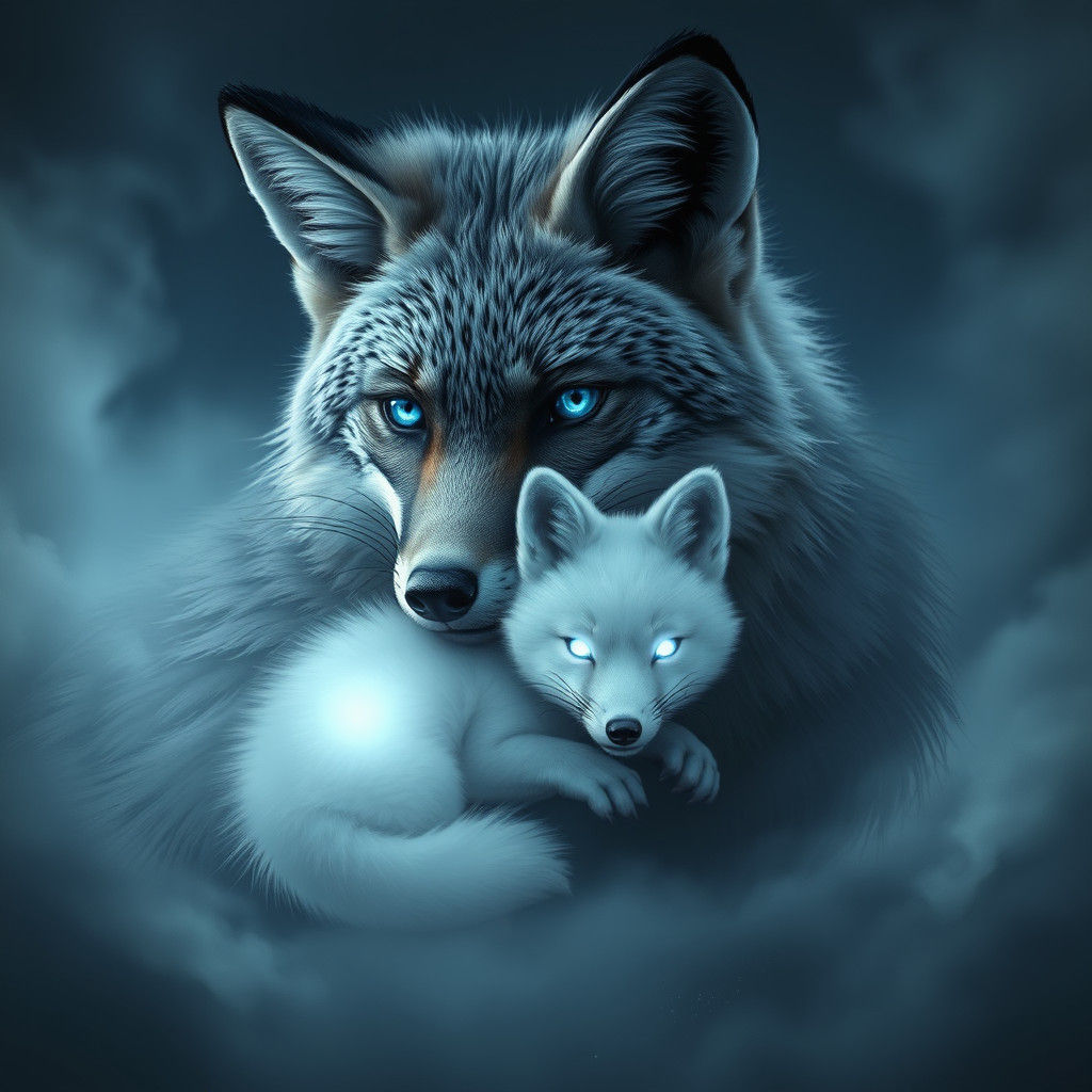 Fox with Spirit Pup in Ethereal Fantasy Style