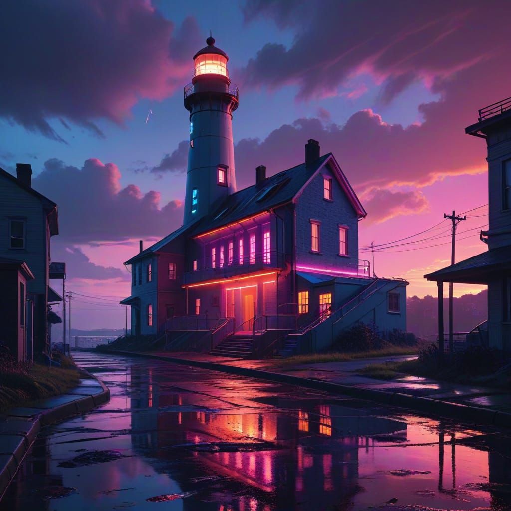 Cyberpunk Cape Elizabeth Lighthouse at Sunset