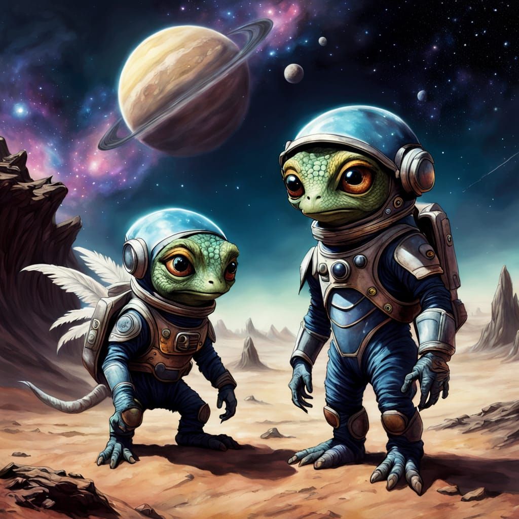 Brave Space Explorers Meet Whimsical Alien Friends in a Fant...