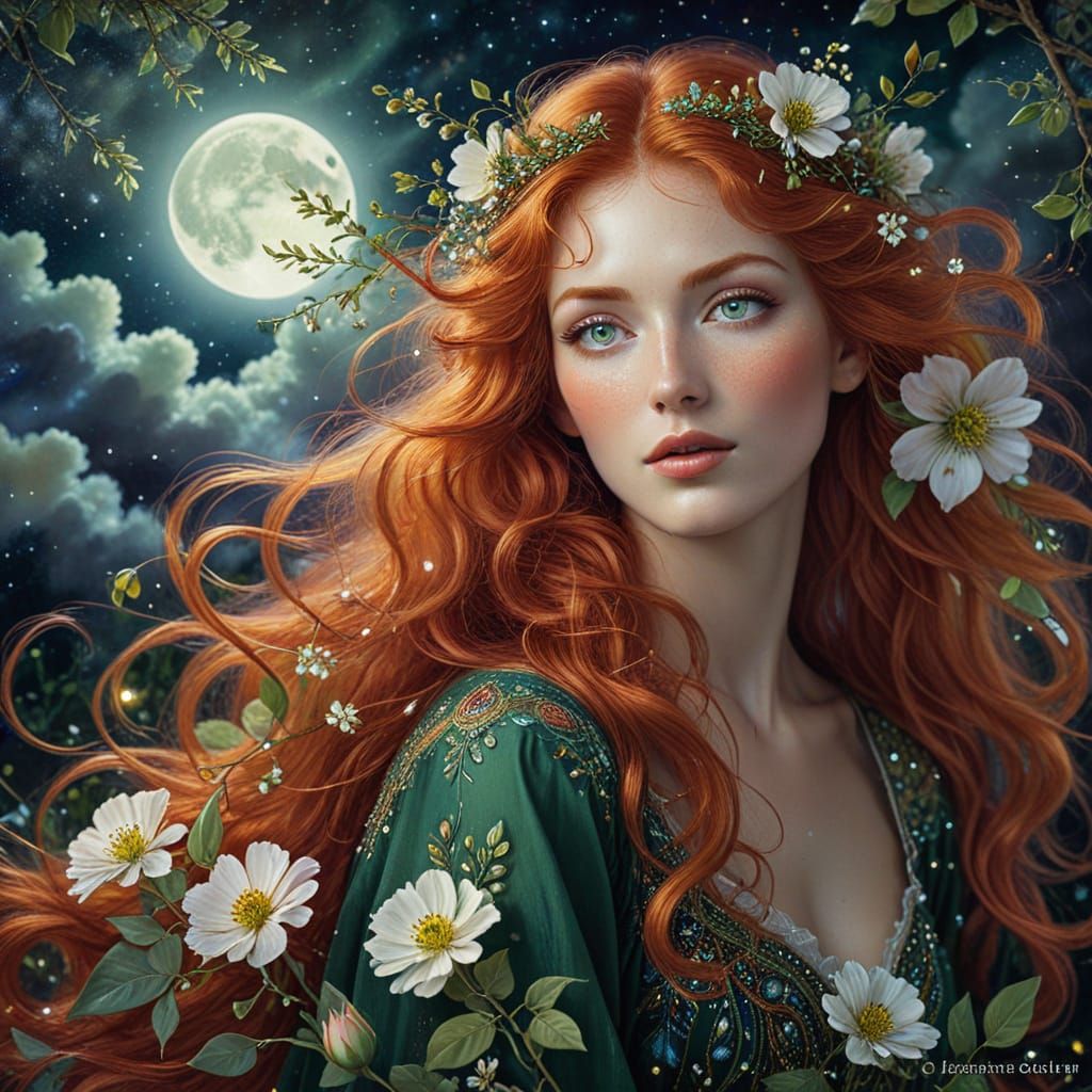 Red-Haired Woman with Green Eyes in Watercolor Style