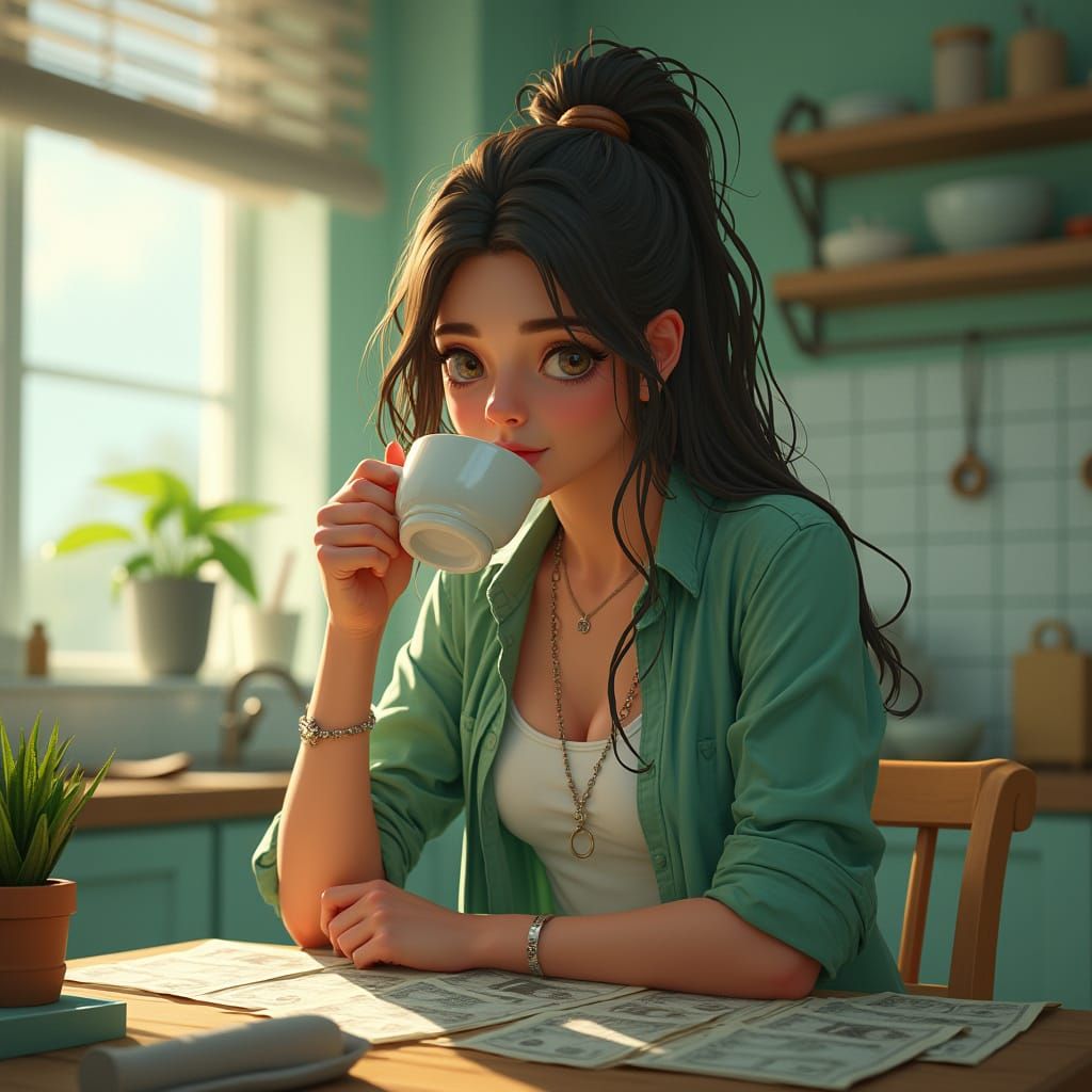 Young Woman Contemplates Bills in a Vibrant Light Green Kitc...